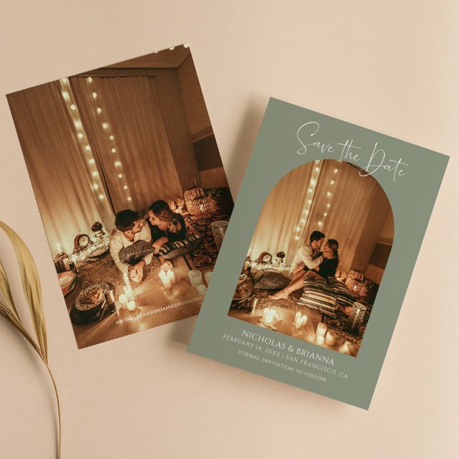 Save The Date Arch Photo moderne Boho Sage Vert Simple Mariage (Créateur téléchargé)