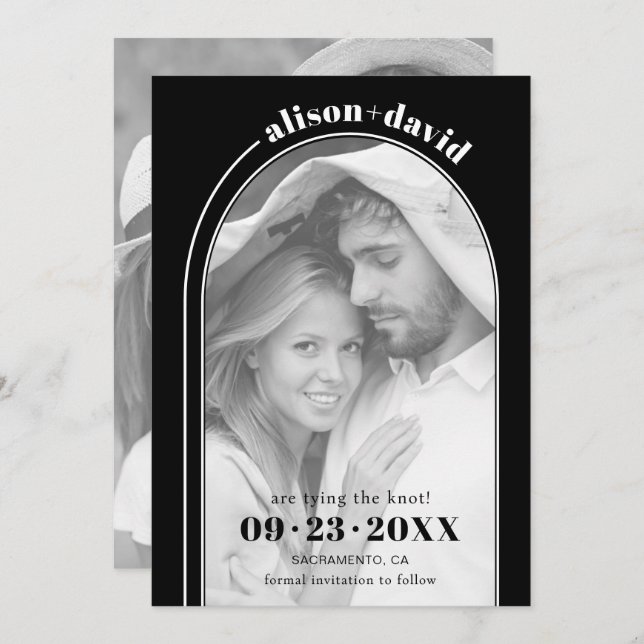 Save The Date Arche blanche moderne et photo mariage noir (Devant / Derrière)