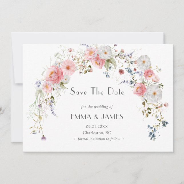 Save The Date Arche de jardin printanier Fleurs sauvages Mariage (Devant)
