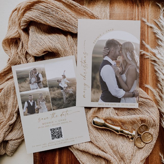 Save The Date Arche moderne Boho | Crème Photo Mariage Noël (Créateur téléchargé)