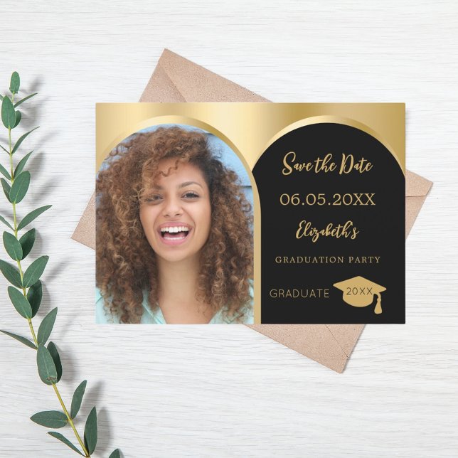 Save The Date Arche photo en or noir Graduation Party (Créateur téléchargé)