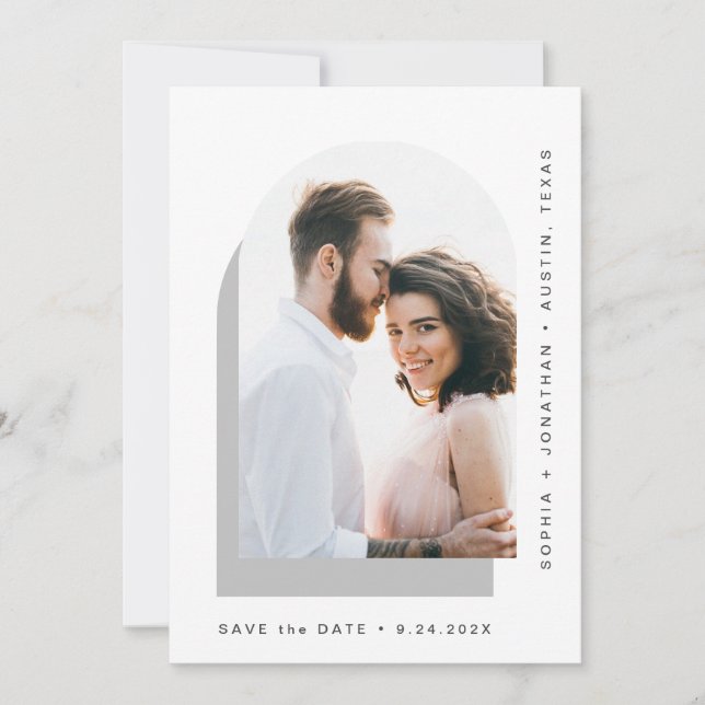 Save The Date Arche simple | Moderne Deux photos gris et blanc (Devant)