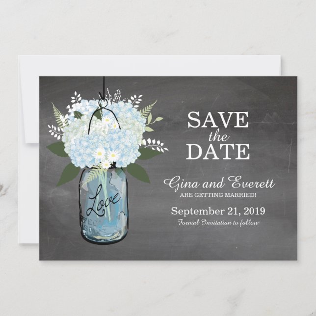 Save The Date Ardoise Pot Mason Hydrangeas | SAUVEGARDEZ LA DATE (Devant)