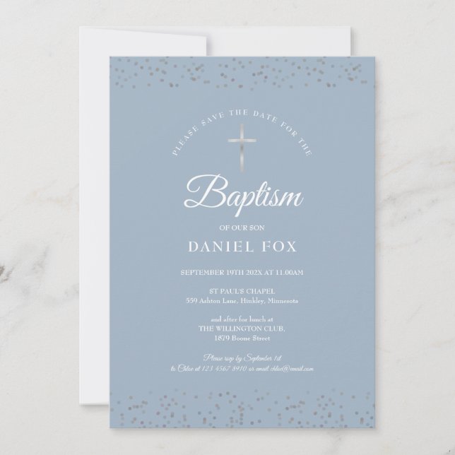 Save The Date Argent Stardust Baptême Christening Dusty Blue (Devant)