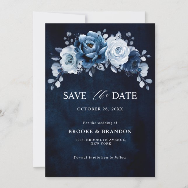 Save The Date Arlequin Bleu Poussiéreux Nuit Floral Botanique Ma (Devant)