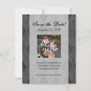 Save The Date Arlequin noir et charbon de bois avec script