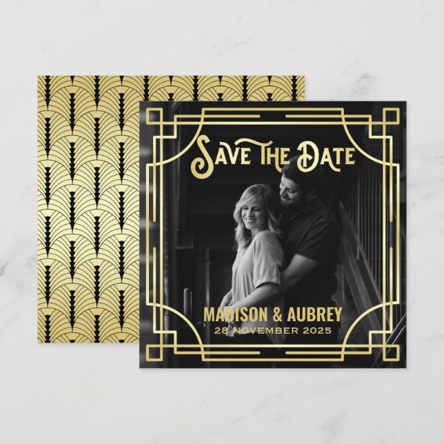 Save The Date Art Déco Ajouter votre photo Elegant Gold Enregist (Devant / Derrière)