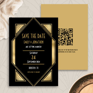 Save The Date Art Déco Black Gold QR Code Mariage Enregistrer La