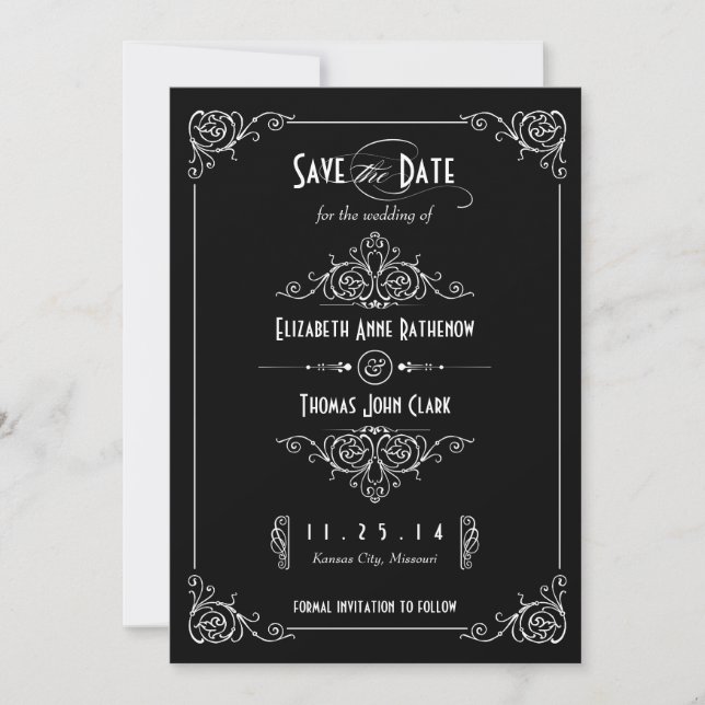 Save The Date Art déco fantaisie noir & blanc Enregistrer la dat (Devant)