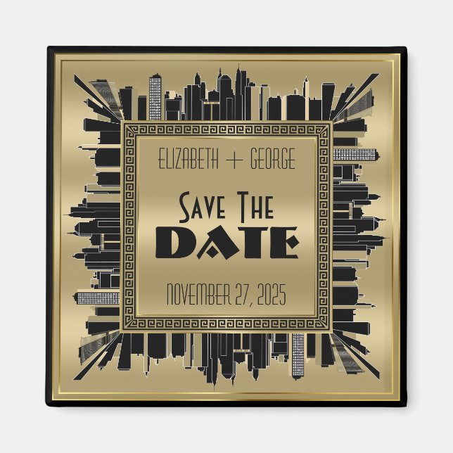 Save the Date Art Deco Gatsby Glamour Gold Black Magnet (Front)