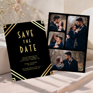 Save The Date Art Déco Géométrique Mariage Photo Noir Or