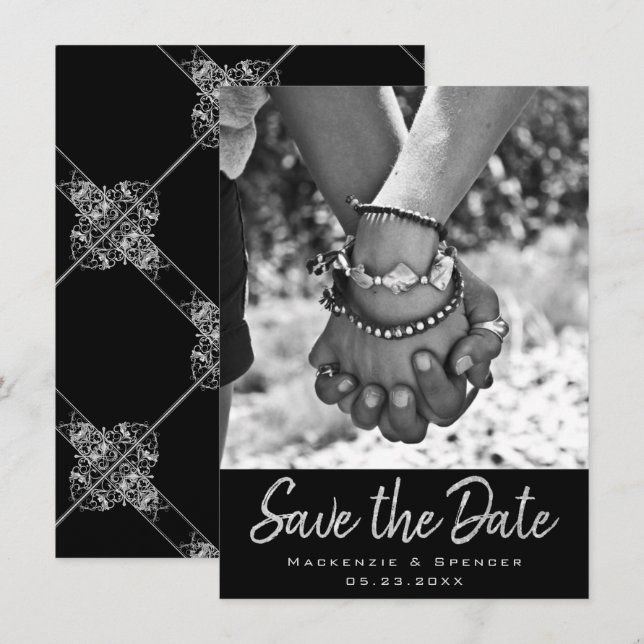 Save The Date Art déco | Géométrique noir et argent (Devant / Derrière)