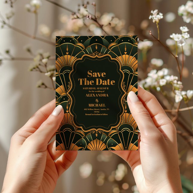 Save The Date Art Déco Mariage Diamant Or et Vert (Créateur téléchargé)