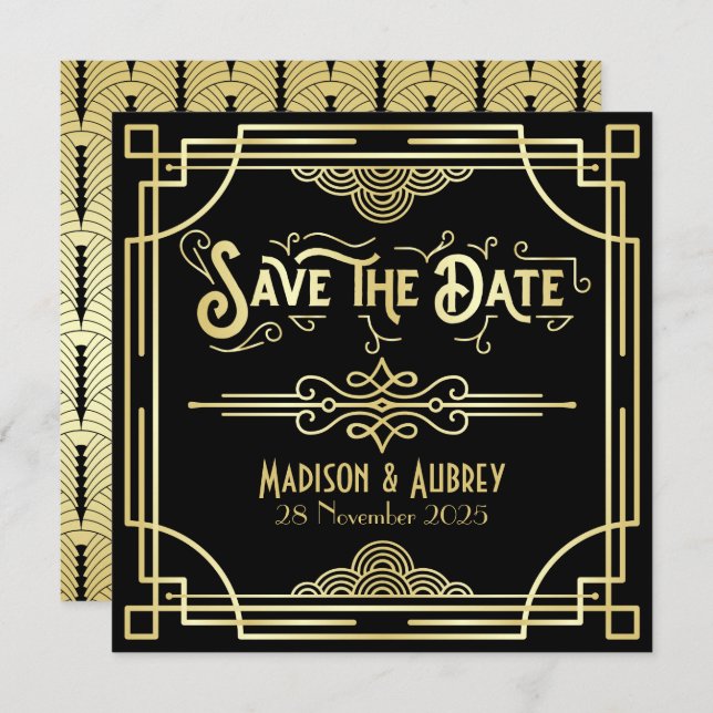 Save The Date Art Déco Mariage Elegant Or Noir Grand Gatsby (Devant / Derrière)