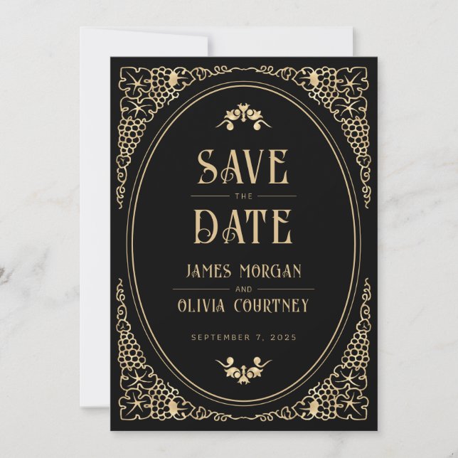 Save The Date Art déco moderne Mariage noir et or (Devant)