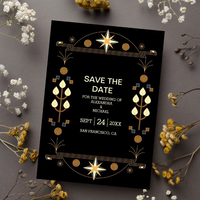 Save The Date Art déco moderne Mariage noir et or (Créateur téléchargé)