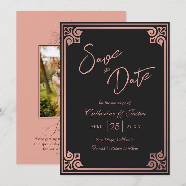 Save The Date Art déco moderne rose noir Peacock Mariage photo (Devant / Derrière)