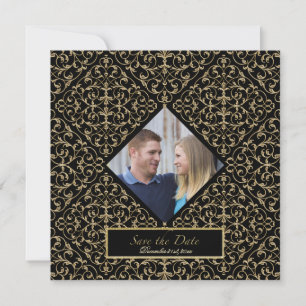 Save The Date Art Déco Nouveau Dentelle Damas Golden Calligraphi