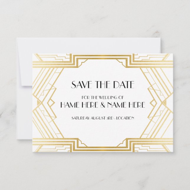 Save The Date Art Deco Wedding Party Gold Invites (Front)