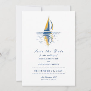 Save The Date Art Navy Blue Yellow Sailing Boat Enregistrer la d