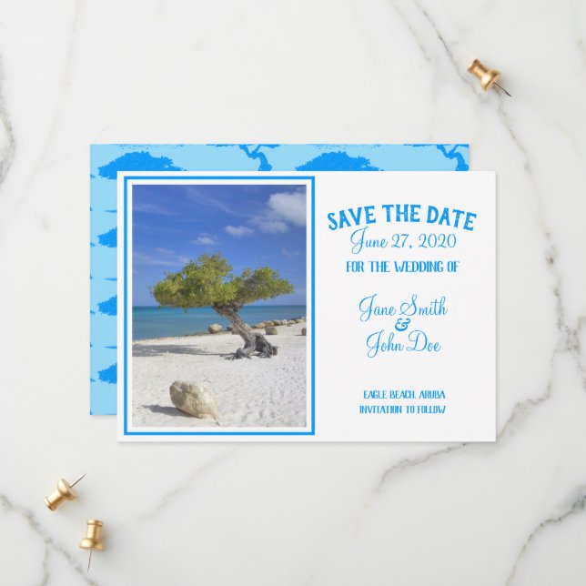 Save The Date Aruba Destination Mariage Bleu Divi Arbre Enregist (Devant/Arrière en situation)