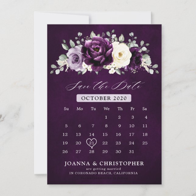 Save The Date Aubergine Plum violet Ivory Blanc Floral Calendrie (Devant)