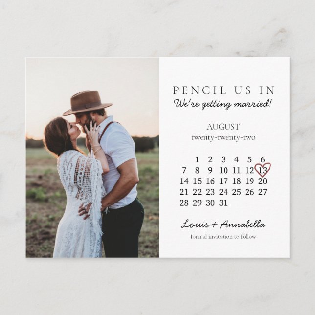 Save the Date August 2022 Month Calendar Heart Postcard (Front)