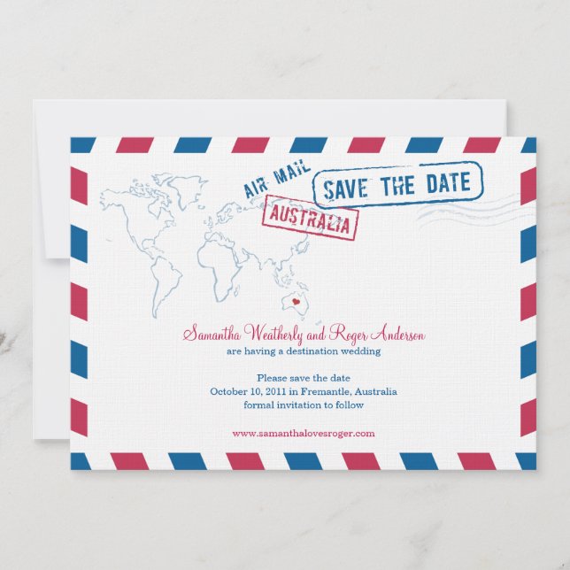 Save The Date Australie Air Mail Wedding Enregistrer La Date (Devant)