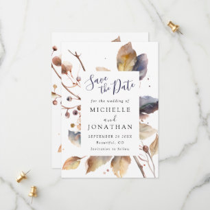 Save The Date Automne Bleu Or Feuilles Aquarelle Christian Maria