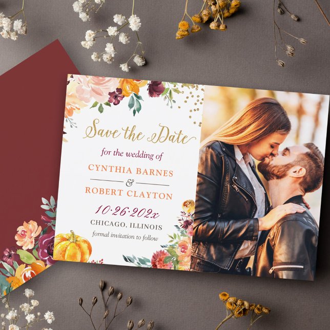 Save The Date Automne Botanique Floral Gold Script Photo (Créateur téléchargé)