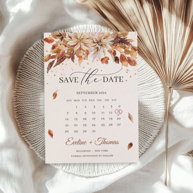 Save The Date Automne et Automne Fleurs Marigold Calendrier Boho (Fall and Autumn Flowers Marigold Calendar Boho Save The Date)