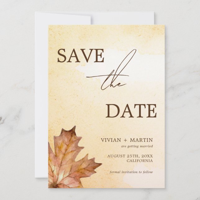 Save The Date Automne Feuille d'érable Brunt Aquarelle orange (Devant)