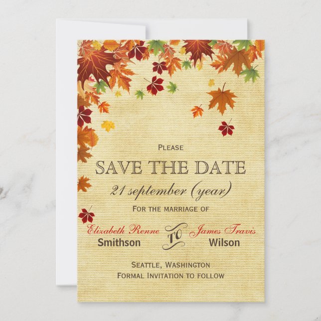 Save The Date Automne laisse un Mariage rustique (Devant)