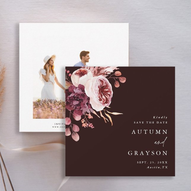 Save The Date Automne Romance Bourgogne Aquarelle Mariage Photo (Front & Back)