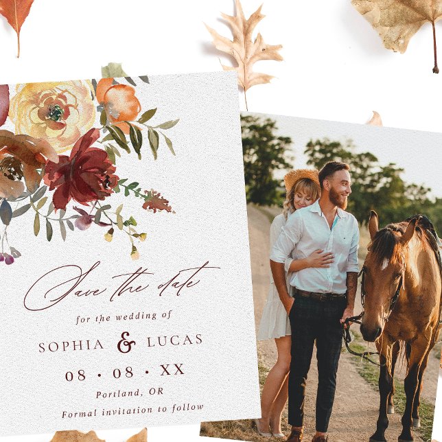 Save The Date Automne Rouille Bourgogne Orange Script Mariage ph (Créateur téléchargé)