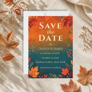 Save The Date Automne rustique Teal et feuilles orange Sauvegard