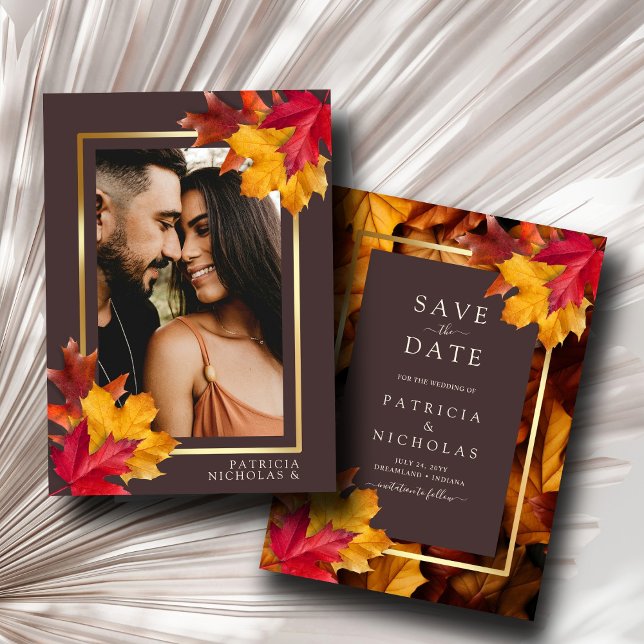 Save The Date Automne Woody Brown & Elegant Golden Frame Mariage (Créateur téléchargé)