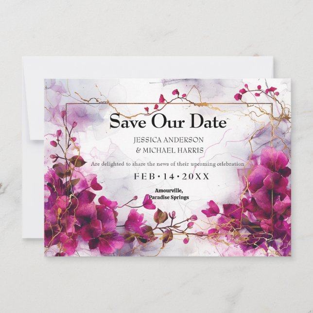 Save The Date Avec la photo Fuchsia Enchantement : Aquarelle (Devant)
