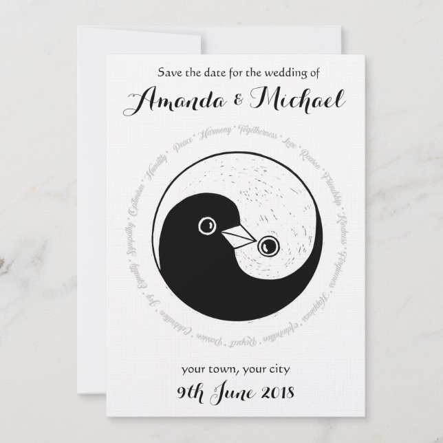 SAVE THE DATE b/w YinYang doves wedding card (Front)