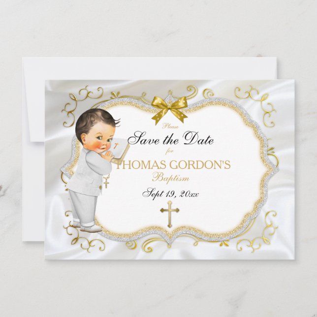 Save The Date Baby Boy Baptism Enregistrer Date Croix d'Or Blanc (Devant)