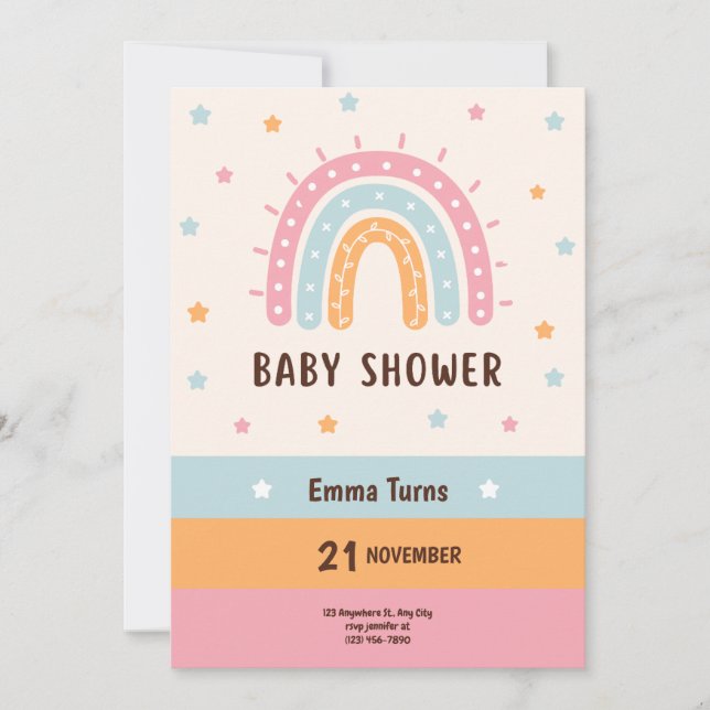 Save The Date Baby shower arc-en-ciel en bois illustré coloré (Devant)