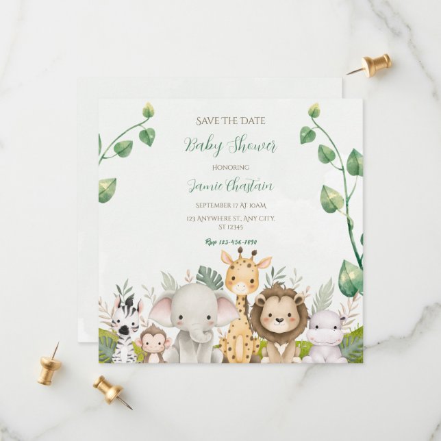 Save The Date Baby shower d'aquarelle blanc vert Enregistrer la  (Devant/Arrière en situation)