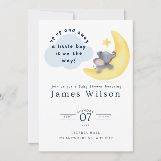 Save The Date Baby shower d'aquarelle Blue Boy's Elephant Plane (Devant)