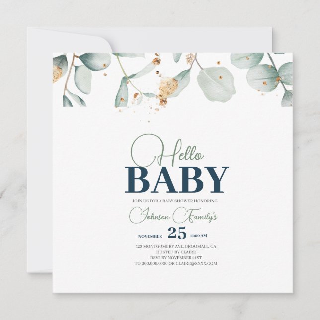 Save The Date Baby shower de verdure Invitation, fleur d'Eucalyp (Devant)