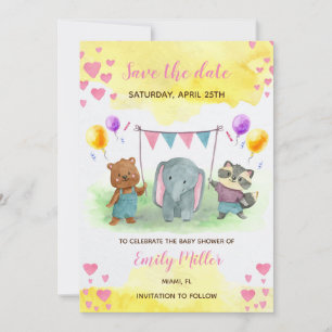 Save The Date baby shower jaune rose des animaux mignons, enregi