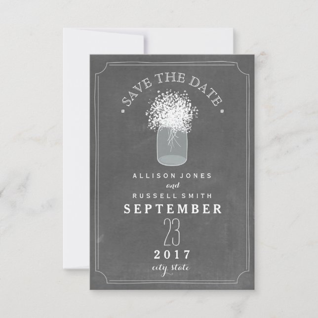 Save The Date Baby's Breath & Mason Jar Chalkboard Enregistrer l (Devant)