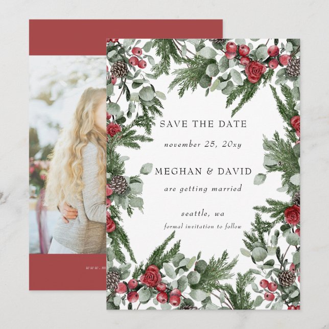 Save The Date Baies de pin rustique Photo de Noël d'hiver (Devant / Derrière)