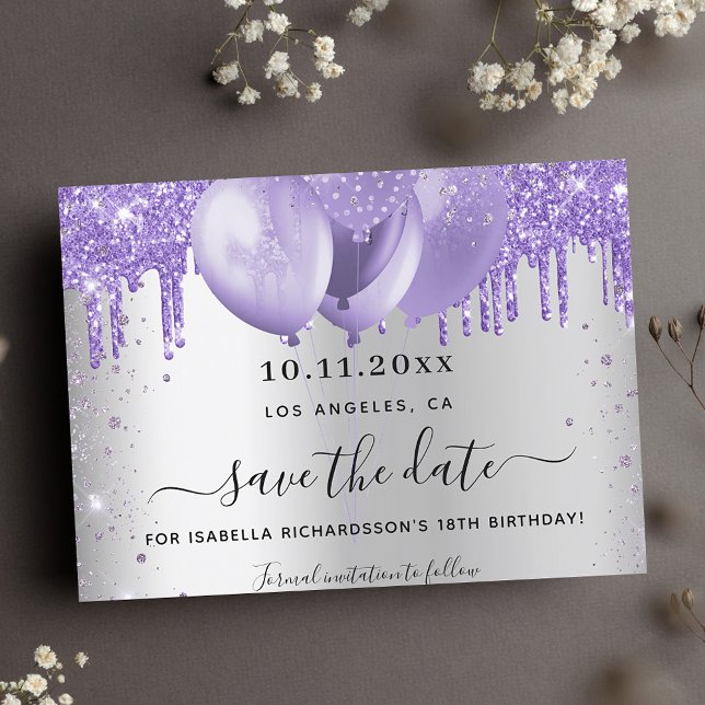 Save The Date Ballons d'argent d'anniversaire violet parties sci (Créateur téléchargé)