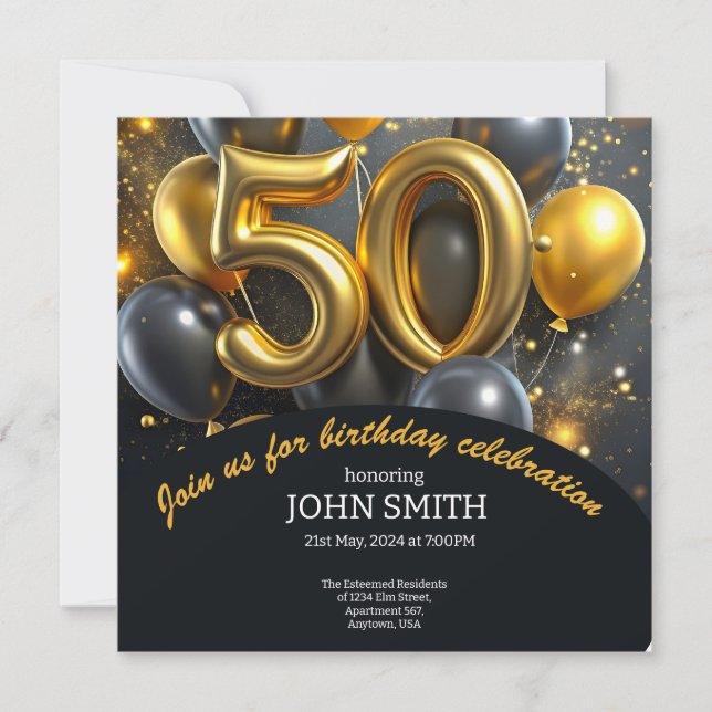 Save The Date Ballons d'or noir 50e anniversaire scintillant (Devant)