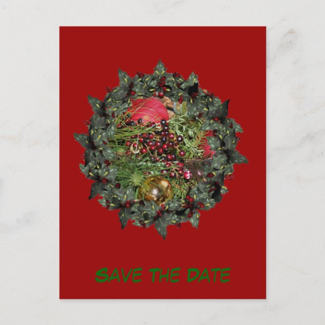 Save The Date Balls Beads Wreath Holiday Announcement Postcard (Front)